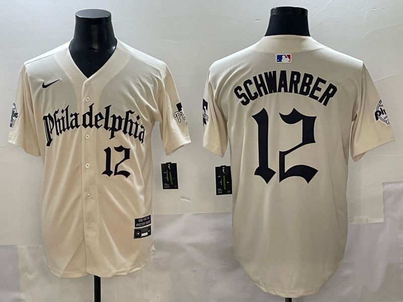 Men 2025 Philadelphia Phillies #12 Schwarber Cream Five generations Joint Name Nike MLB Jersey style 4